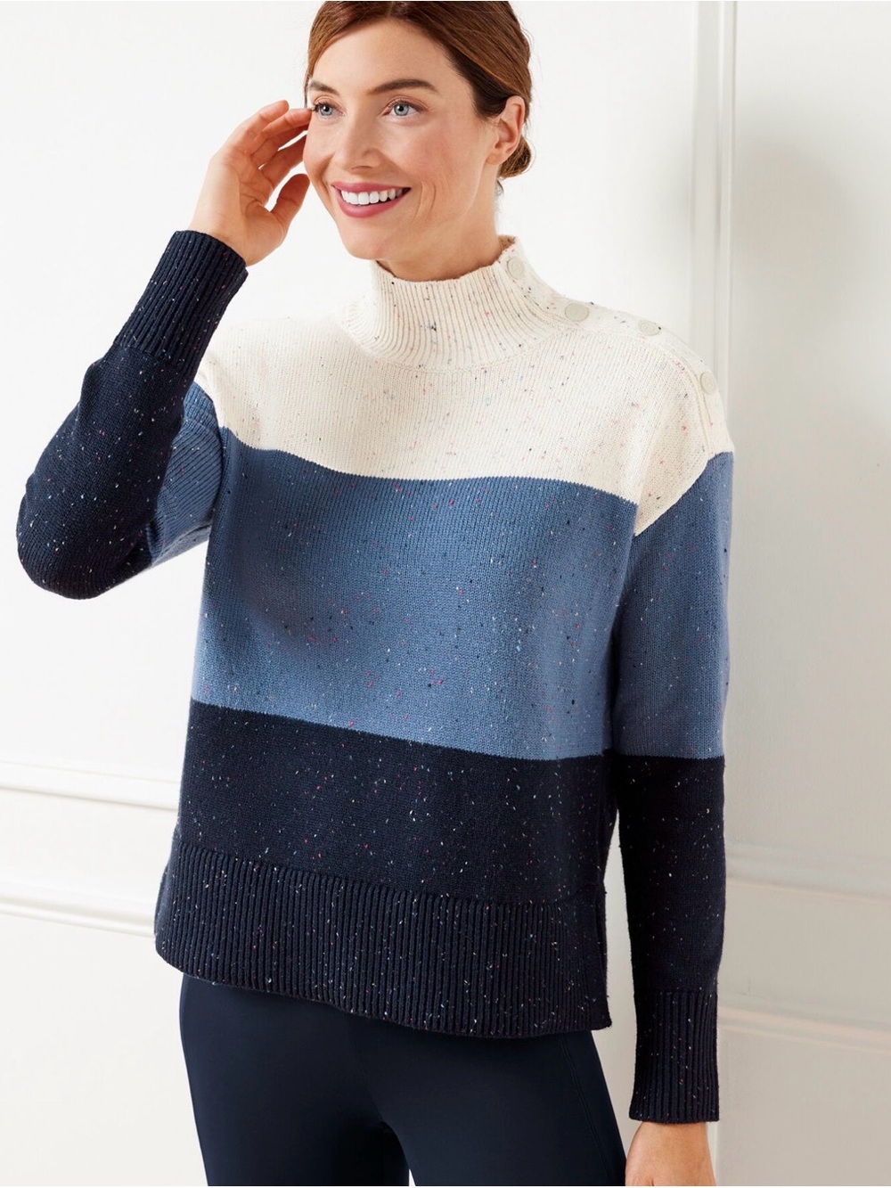 TALBOTS T BY TALBOTS SNAP BUTTON MOCKNECK SWEATER - SPECKLED STRIPE SIZE XS P